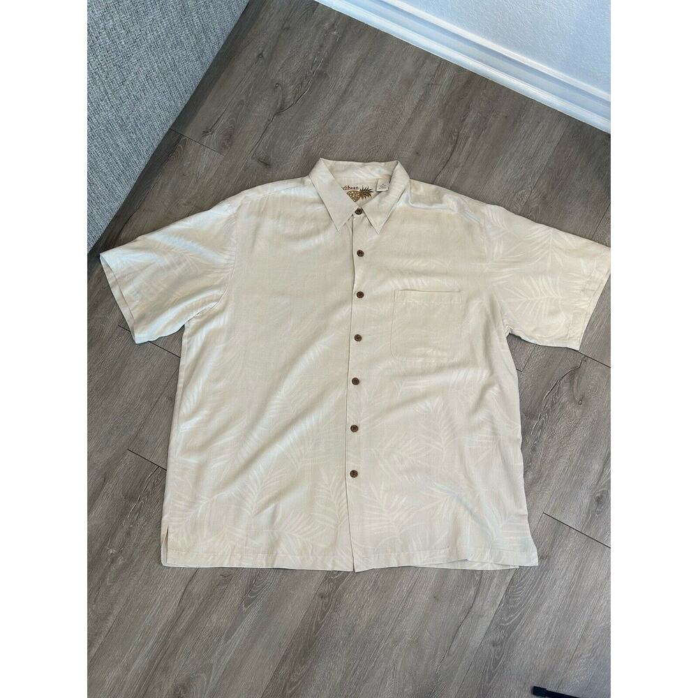Men’s Xl 100% Will Caribbean‎ Cream Floral Button Up Short Sleeve Shirt